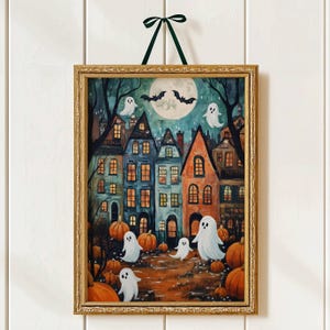 Halloween Town Folk Art Print Halloween Ghost Wall Art, Halloween Pumpkin Vintage Art Halloween Decor For Home Moody Halloween Poster