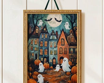 Halloween Town Folk Art Print Halloween Ghost Wall Art, Halloween Pumpkin Vintage Art Halloween Decor For Home Moody Halloween Poster