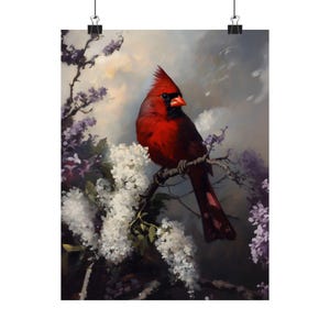 Red Cardinal Wall Art, Bird Painting Print, Spring Floral Nature Decor image 7