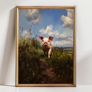 Whimsical Pig Art Print – Cute Farm Animal Wall Decor, Happy Piglet in Meadow Illustration, Country Cottagecore Nursery Artwork