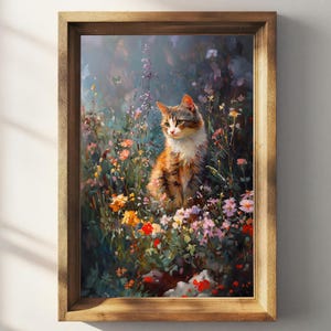 Cat in Wildflowers Art Print – Cottagecore Floral Cat Wall Decor, Whimsical Nature Animal Artwork, Cozy Pet Lover Home Print