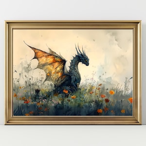 Dragon Watercolor Art Horizontal Poster Print fantasy art forest and a dragon Fantasy Painting, Watercolor illustration Dark Academia