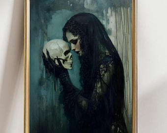 Gothic Skull Wall Art – Dark Woman with Skull Print, Macabre Aesthetic Poster, Witchcore Home Decor, Occult Art Gift