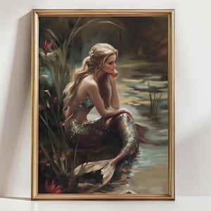Mermaid Wall Art Print, Enchanted Fantasy Ocean Artwork, Mystical Mermaid by Water, Fairytale Mythical Creature Poster
