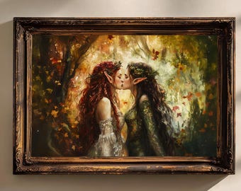 Impression de baiser de forêt fantastique amoureux elfes, art mural fantaisie romantique sombre, déco couple mystique, affiche d'amour de fée