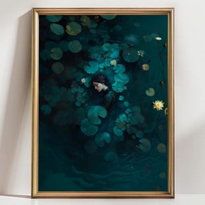 Dark Water Lily Art Print, Dreamy Girl in Pond Wall Art, Surreal Botanical Portrait, Mystical Nature Decor for Bedroom or Studio