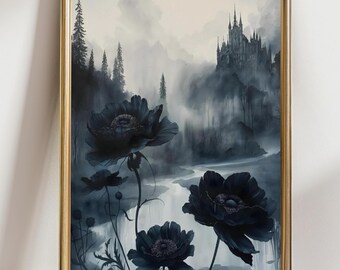 Moody Dark aesthetics Painting Goth Landscape Dark Academia Art print Gothic Home  Art Print halloween print Foggy Landscape Gothic