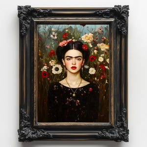 Moody Frieda with wildflowers art print ethereal witch, floral witch, mystical art, Witchy home decor,  Goth Home Cottagecore painting