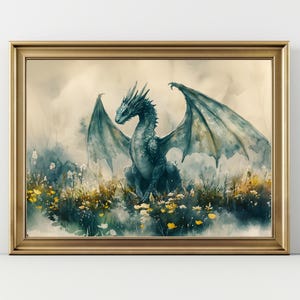 Dragon Watercolor Art Horizontal Poster Print fantasy art forest and a dragon Fantasy Painting, Watercolor illustration Dark Academia