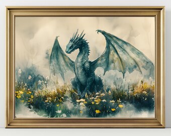 Watercolor Dragon Wall Art Print, Fantasy Nursery Decor, Cottagecore Mythical Creature Artwork