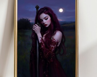 May include: Framed artwork featuring a woman with long, red hair and a burgundy dress, holding a sword. The background shows a moonlit field and a dark sky. The artwork is in a gold frame.