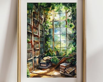 Cozy Sunlit Library Art Print – Indoor Garden Reading Nook Illustration Book Lover Wall Art with Plants – Botanical Bibliophile Poster Decor