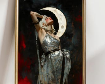 May include: A woman with long blonde hair wears a silver dress and poses with her arm raised against a dark background with a crescent moon.