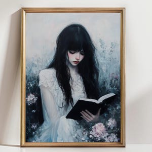 Dreamy Girl Reading Art | Dark Aesthetic Floral Wall Print | Cottagecore Book Lover Gift, reading girl art, dark romance print Dark Academia