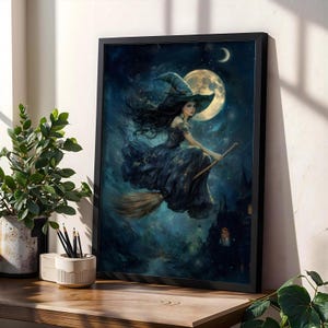 Witch flying on broomstick, Witchy Wall Art, Halloween Prints, Flying Witch Painting, Dark Academia, Witch Home Decor, Moody Wall Art, Moon
