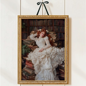 Victorian Woman Reading Bookish Wall Art Print , Dark Academia Decor, Librariancore Wall Art, Moody Reading Nook Painting, Book Lover Gift