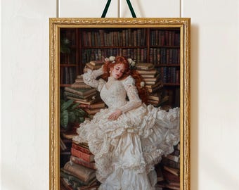 Victorian Woman Reading Bookish Wall Art Print , Dark Academia Decor, Librariancore Wall Art, Moody Reading Nook Painting, Book Lover Gift