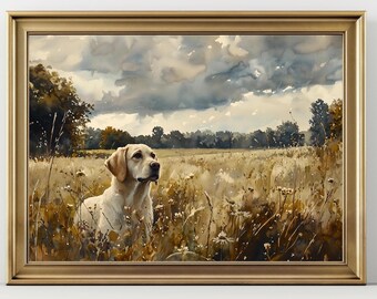 Moody Dark Wildflower Labrador dog Print Vintage Wildflower Painting yellow Labrador Dog Wall Art Print Cottagecore Landscape Farmhouse