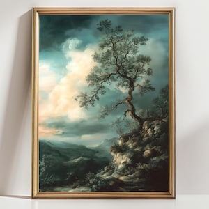 Lone Tree Cliff Landscape Art Print – Moody Nature Wall Decor, Stormy Sky Tree Painting, Dramatic Forest Scenery Poster