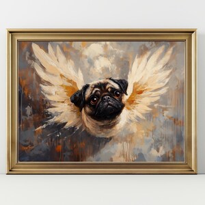 Angel Pug Wall Art – Flying Pug with Wings Painting, Pet Memorial Print, Whimsical Dog Lover Gift, Cute Animal Decor