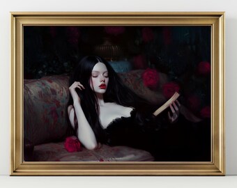 May include: A framed art print featuring a woman in a black dress reclining on a floral patterned sofa, reading a book. The artwork has a dark, gothic aesthetic, with red roses in the background and a gold frame.
