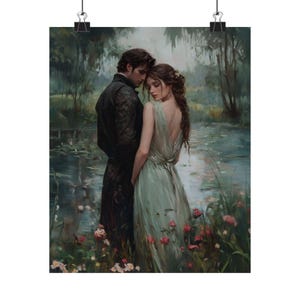 A painting depicting a couple embracing in a lush, green garden setting with water and flowers.