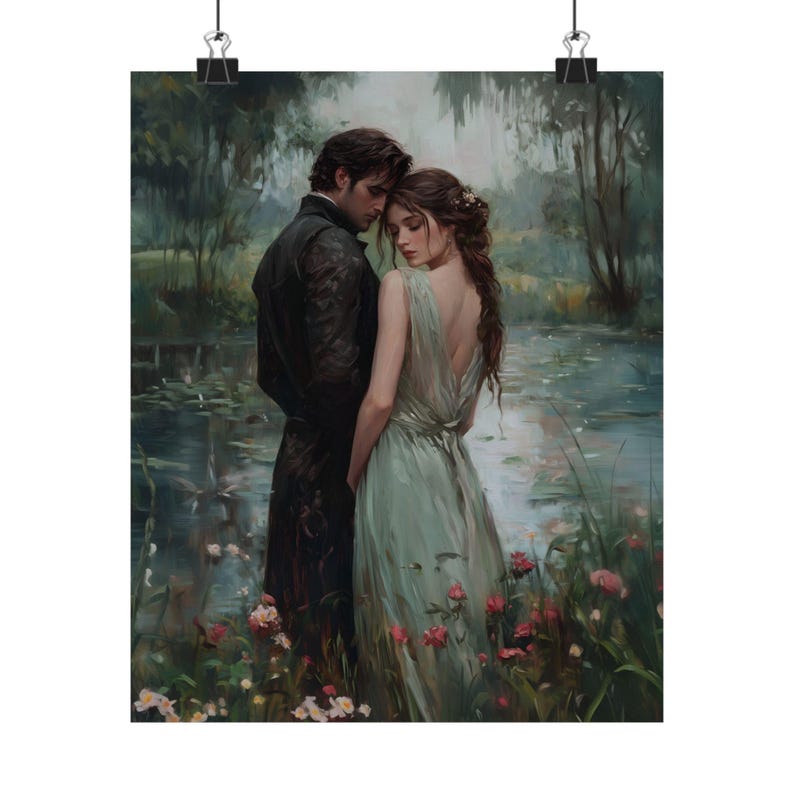 A painting depicting a couple embracing in a lush, green garden setting with water and flowers.