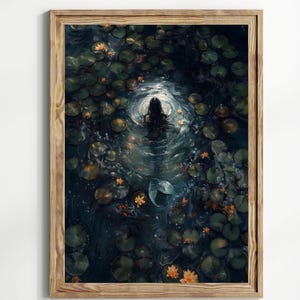 Mermaid Dark Academia Print - The Lake, Goth Moody Victorian Wall Art, Dark Decor Aesthetic, Dark Cottagecore, Gothic Prints into lake image 1