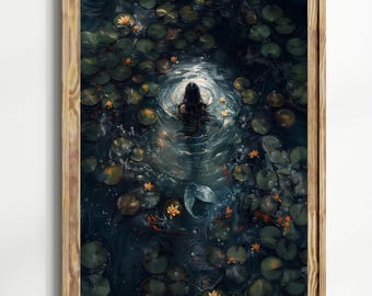 Mermaid Dark Academia Print - The Lake, Goth Moody Victorian Wall Art, Dark Decor Aesthetic, Dark Cottagecore, Gothic Prints into lake