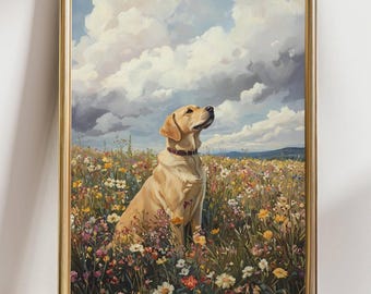 Golden Retriever Meadow Wall Art, Dog in Wildflower Field Painting, Labrador Landscape Print, Pet Lover Gift