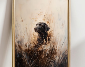 Black Labrador Art Print, Autumn Field Dog Painting, Pet Lover Gift, Moody Dog Portrait Wall Art, Rustic Animal Home Decor