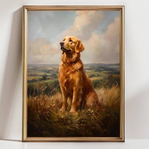 Golden Retriever Wall Art, Dog Portrait Landscape Print, Countryside Pet Decor, Rustic Animal Painting, Loyal Companion Gift