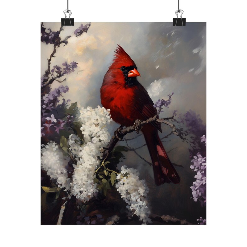 Red Cardinal Wall Art, Bird Painting Print, Spring Floral Nature Decor image 6