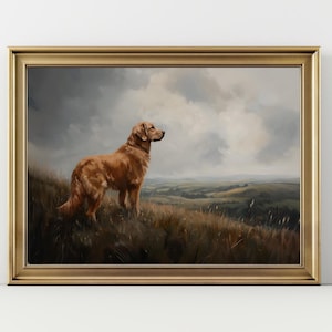 Golden Retriever Wall Art Print, Rustic Dog Painting Landscape, Farmhouse Pet Decor, Country Animal Lover Gift, Dog Room Art