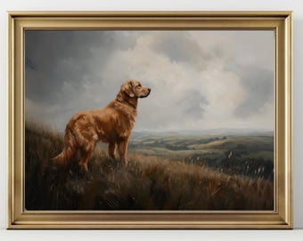 Golden Retriever on Hill Landscape Art Print, Dog Lover Wall Decor, Scenic Countryside Painting, Rustic Nature Artwork Golden Retriever Gift