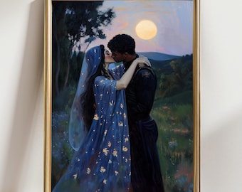 May include: A framed art print depicts a romantic scene of a couple kissing under a full moon. The woman wears a blue gown with gold accents and a veil. The man is in a dark outfit. The background features a landscape with trees and a soft, glowing moon.