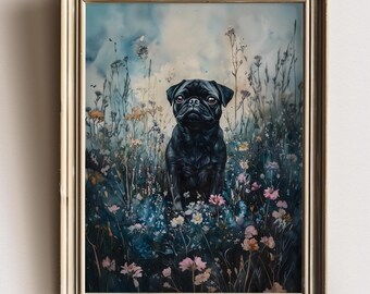 Black Pug Dog Wall Art, Cute Pug in Wildflowers Print, Pug Lover Gift, Dog Cottagecore Decor