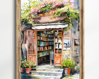 Nostalgic Vintage Bookstore Art Print | Cozy Bookshop Art Print | Vintage Literary Book Nook,  Book Lovers Art, Botanical Library Art