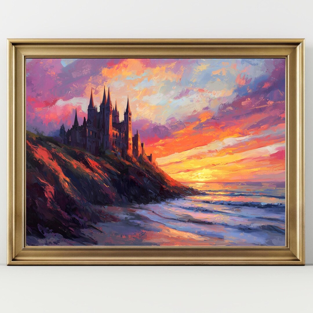 Fantasy Castle Sunset Seascape Painting, Colorful Coastal Landscape Art ...