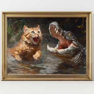 Cat fighting with a Crocodile, Funny Vintage art, Funny Gift for Cat Lover Funny Victorian Cat Poster eclectic art print Wall Art Home Decor