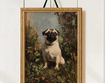 May include: A framed painting of a pug dog sitting in a grassy area. The dog has a tan coat with a black face and ears. The painting is in a gold frame and is suspended by a green ribbon.
