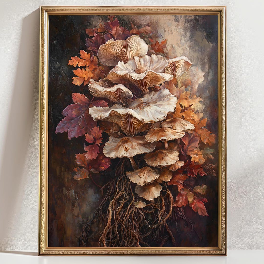 Mushroom Forest Wall Art, Autumn Fungi Nature Print, Cottagecore Dark ...