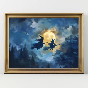 Flying Witches Under Full Moon Wall Art – Spooky Halloween Witch Painting, Dark Fantasy Night Sky Print, Magical Gothic Home Decor