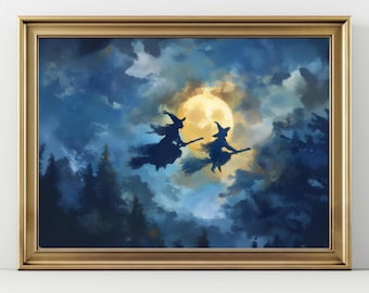 Flying Witches Full Moon Wall Art, Halloween Night Sky Print, Witchy Fantasy Poster