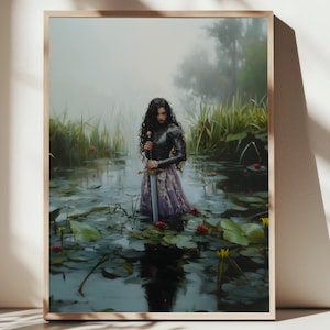 Lady Knight In The Lake Art Print, Dark Academia Wall Decor, Medieval Fantasy Wall Art, Woman Knight Poster, Renaissance Knight Gift