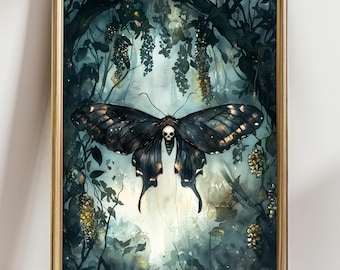 Deaths Head Moth Wall Art Print, Dark Gothic Skull Moth Decor, Moody Witchy Botanical Art, Dark Academia Insect Gift Forestcore Cottagecore