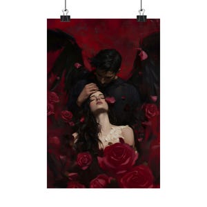 Dark Romance Wall Art, Angel Demon Love Painting, Gothic Couple Print, Red Rose Fantasy Art, Moody Romantic Decor image 5