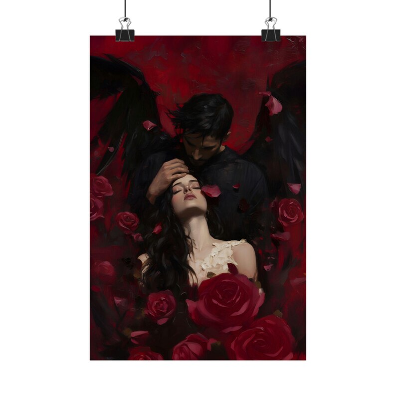 Dark Romance Wall Art, Angel Demon Love Painting, Gothic Couple Print, Red Rose Fantasy Art, Moody Romantic Decor image 5