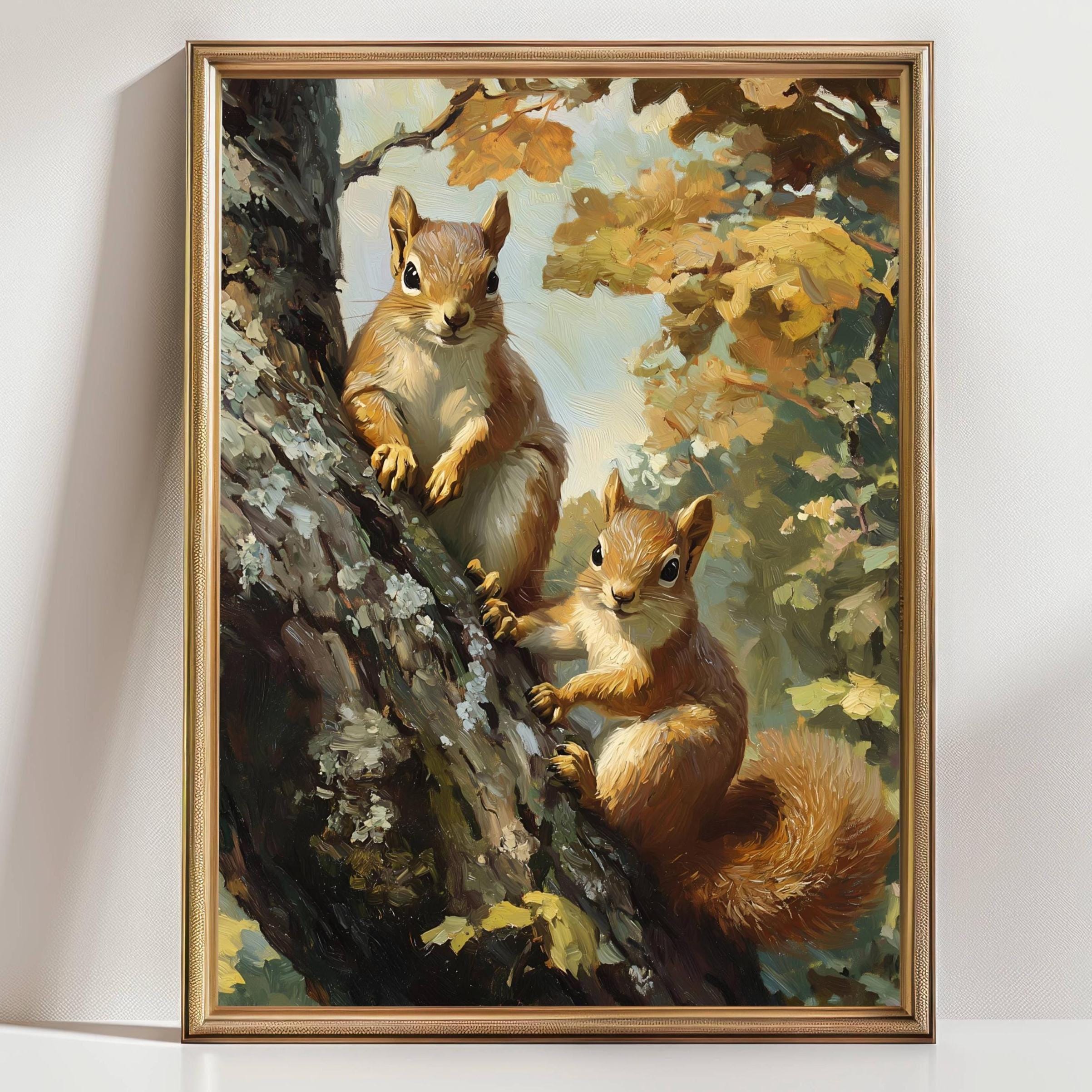 Squirrel Wall Art – Woodland Animal Painting – Autumn Forest Squirrels ...