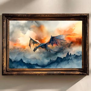 Mystic Dragon Watercolor Art Poster Print fantasy art kingdom and a dragon Fantasy Painting, Watercolor illustration Dark Academia